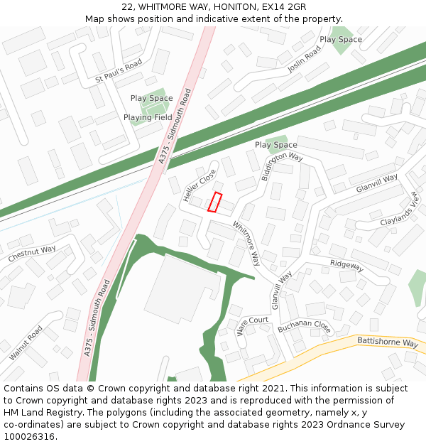 22, WHITMORE WAY, HONITON, EX14 2GR: Location map and indicative extent of plot