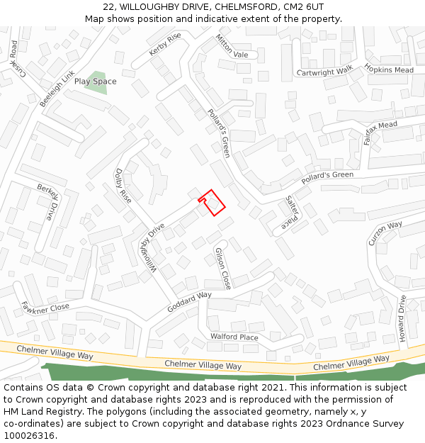 22, WILLOUGHBY DRIVE, CHELMSFORD, CM2 6UT: Location map and indicative extent of plot