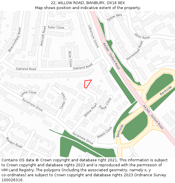 22, WILLOW ROAD, BANBURY, OX16 9EX: Location map and indicative extent of plot