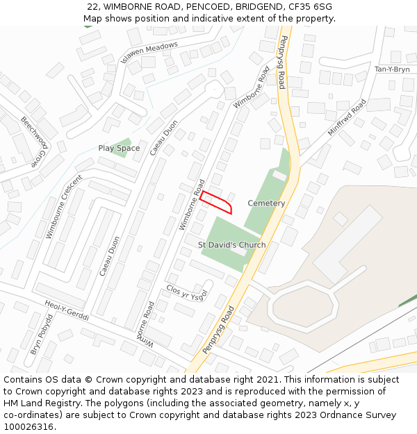 22, WIMBORNE ROAD, PENCOED, BRIDGEND, CF35 6SG: Location map and indicative extent of plot