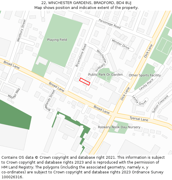 22, WINCHESTER GARDENS, BRADFORD, BD4 8UJ: Location map and indicative extent of plot