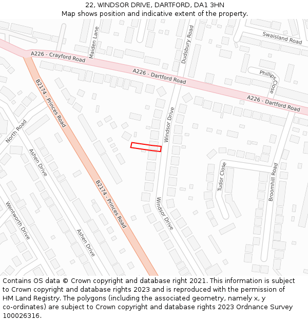 22, WINDSOR DRIVE, DARTFORD, DA1 3HN: Location map and indicative extent of plot