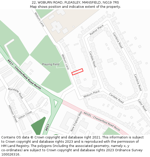 22, WOBURN ROAD, PLEASLEY, MANSFIELD, NG19 7RS: Location map and indicative extent of plot