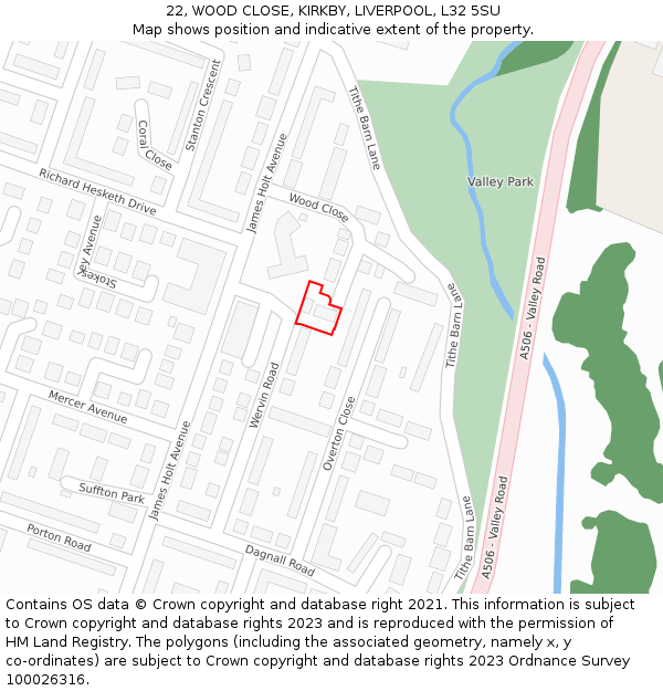 22, WOOD CLOSE, KIRKBY, LIVERPOOL, L32 5SU: Location map and indicative extent of plot