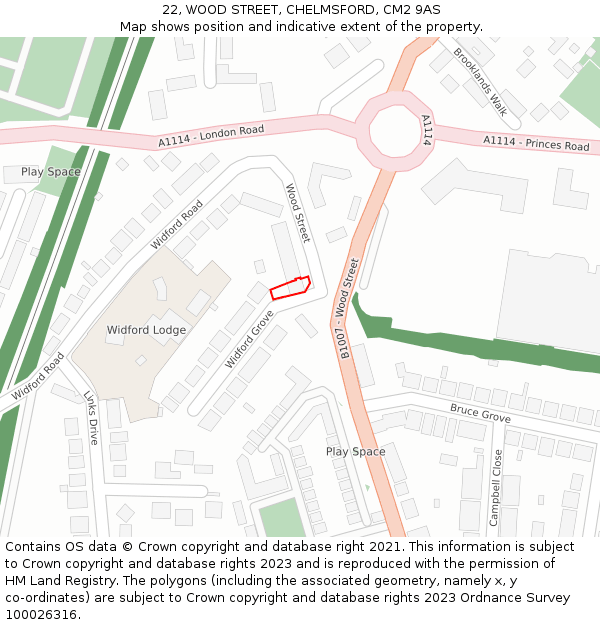 22, WOOD STREET, CHELMSFORD, CM2 9AS: Location map and indicative extent of plot