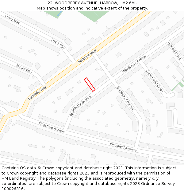 22, WOODBERRY AVENUE, HARROW, HA2 6AU: Location map and indicative extent of plot