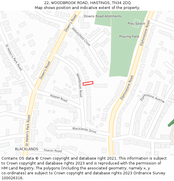 22, WOODBROOK ROAD, HASTINGS, TN34 2DQ: Location map and indicative extent of plot