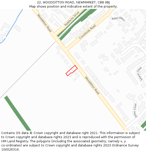 22, WOODDITTON ROAD, NEWMARKET, CB8 9BJ: Location map and indicative extent of plot