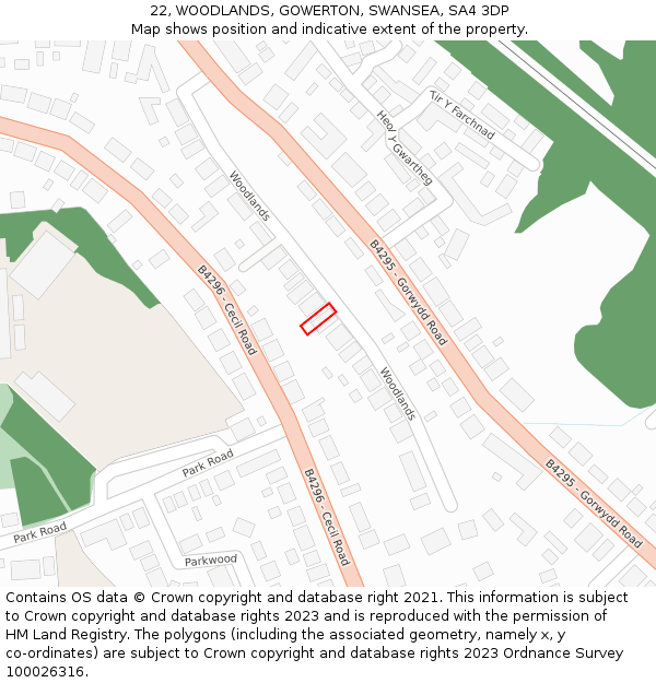 22, WOODLANDS, GOWERTON, SWANSEA, SA4 3DP: Location map and indicative extent of plot