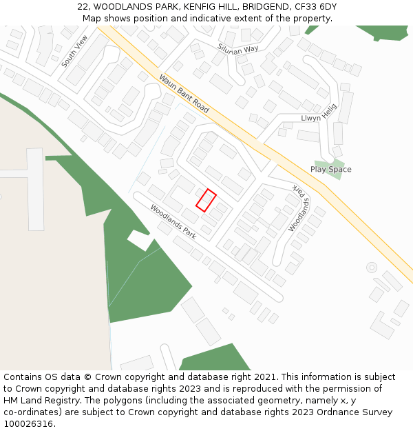 22, WOODLANDS PARK, KENFIG HILL, BRIDGEND, CF33 6DY: Location map and indicative extent of plot