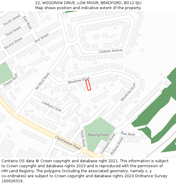 22, WOODROW DRIVE, LOW MOOR, BRADFORD, BD12 0JU: Location map and indicative extent of plot