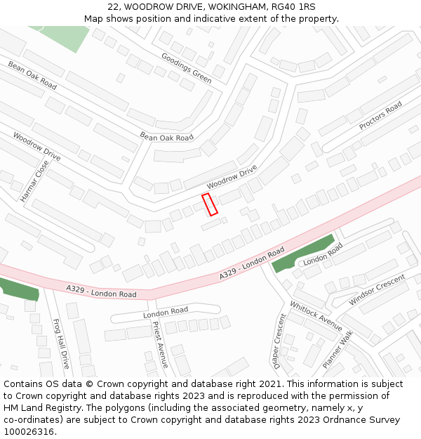 22, WOODROW DRIVE, WOKINGHAM, RG40 1RS: Location map and indicative extent of plot