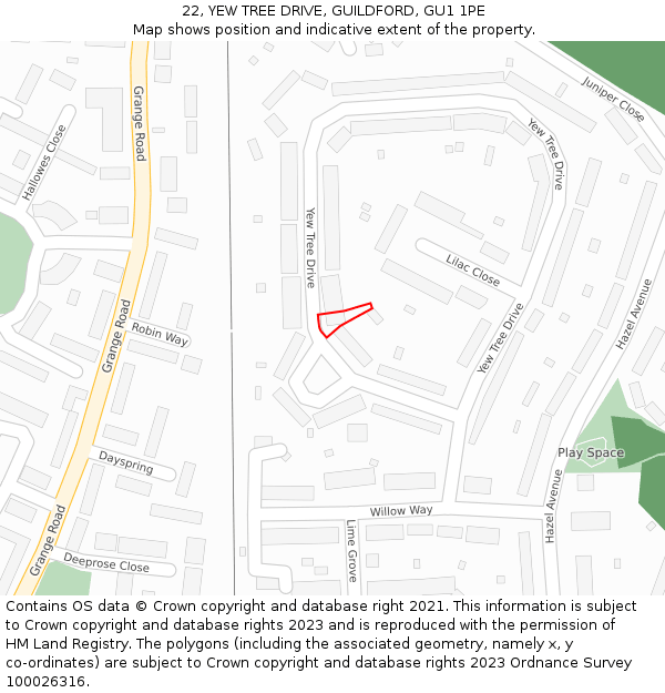 22, YEW TREE DRIVE, GUILDFORD, GU1 1PE: Location map and indicative extent of plot