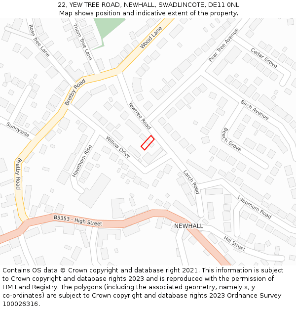 22, YEW TREE ROAD, NEWHALL, SWADLINCOTE, DE11 0NL: Location map and indicative extent of plot