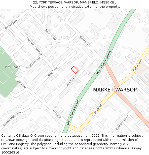 22, YORK TERRACE, WARSOP, MANSFIELD, NG20 0BL: Location map and indicative extent of plot