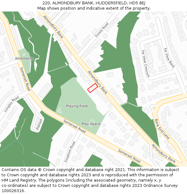 220, ALMONDBURY BANK, HUDDERSFIELD, HD5 8EJ: Location map and indicative extent of plot