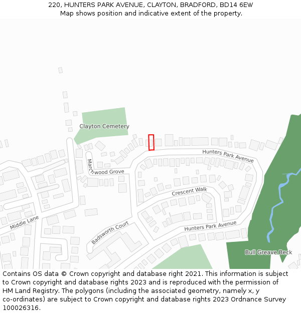 220, HUNTERS PARK AVENUE, CLAYTON, BRADFORD, BD14 6EW: Location map and indicative extent of plot