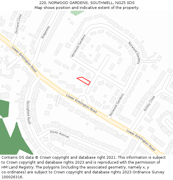 220, NORWOOD GARDENS, SOUTHWELL, NG25 0DS: Location map and indicative extent of plot