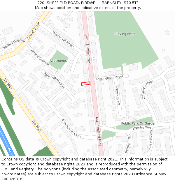 220, SHEFFIELD ROAD, BIRDWELL, BARNSLEY, S70 5TF: Location map and indicative extent of plot