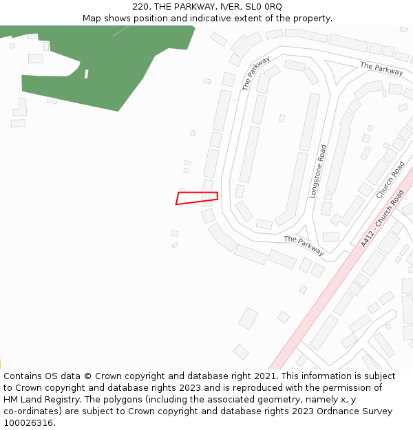 220, THE PARKWAY, IVER, SL0 0RQ: Location map and indicative extent of plot