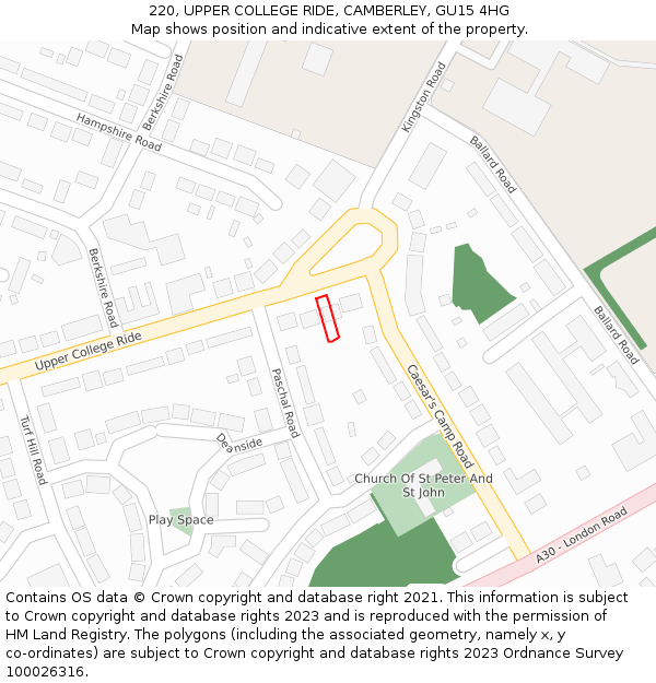 220, UPPER COLLEGE RIDE, CAMBERLEY, GU15 4HG: Location map and indicative extent of plot