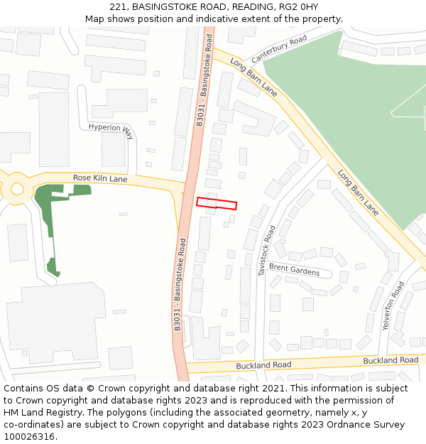 221, BASINGSTOKE ROAD, READING, RG2 0HY: Location map and indicative extent of plot