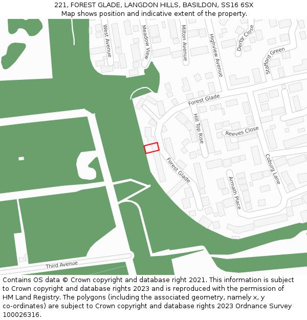221, FOREST GLADE, LANGDON HILLS, BASILDON, SS16 6SX: Location map and indicative extent of plot