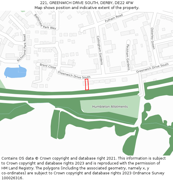 221, GREENWICH DRIVE SOUTH, DERBY, DE22 4FW: Location map and indicative extent of plot