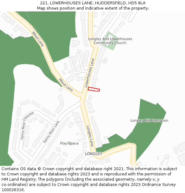 221, LOWERHOUSES LANE, HUDDERSFIELD, HD5 8LA: Location map and indicative extent of plot