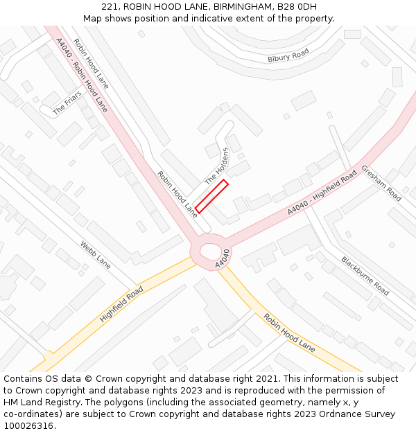 221, ROBIN HOOD LANE, BIRMINGHAM, B28 0DH: Location map and indicative extent of plot