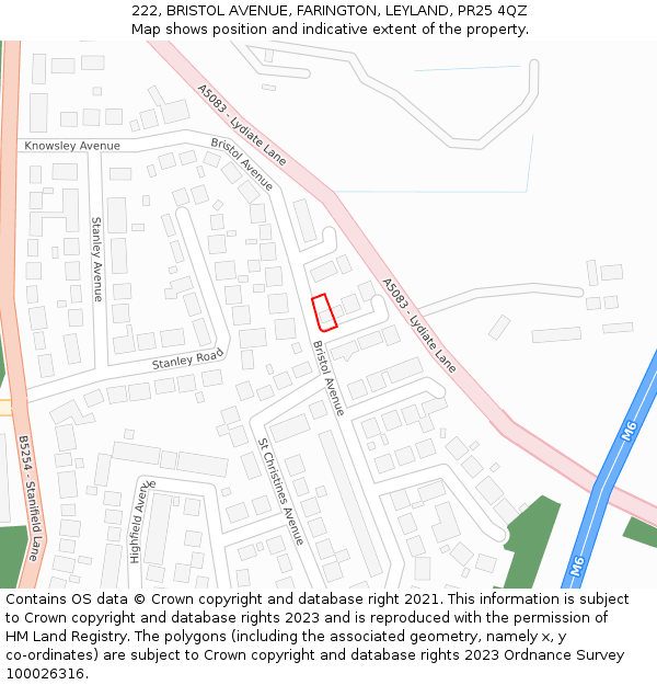 222, BRISTOL AVENUE, FARINGTON, LEYLAND, PR25 4QZ: Location map and indicative extent of plot