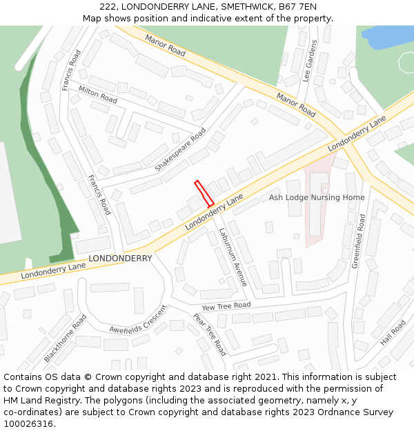 222, LONDONDERRY LANE, SMETHWICK, B67 7EN: Location map and indicative extent of plot