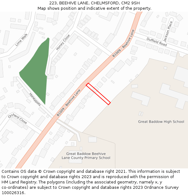 223, BEEHIVE LANE, CHELMSFORD, CM2 9SH: Location map and indicative extent of plot
