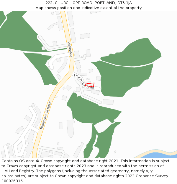 223, CHURCH OPE ROAD, PORTLAND, DT5 1JA: Location map and indicative extent of plot