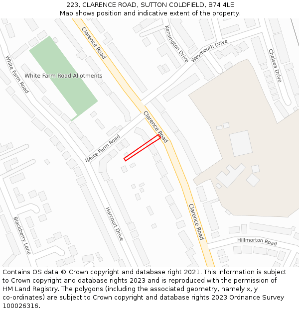 223, CLARENCE ROAD, SUTTON COLDFIELD, B74 4LE: Location map and indicative extent of plot