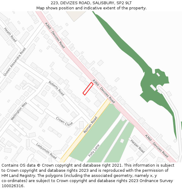 223, DEVIZES ROAD, SALISBURY, SP2 9LT: Location map and indicative extent of plot