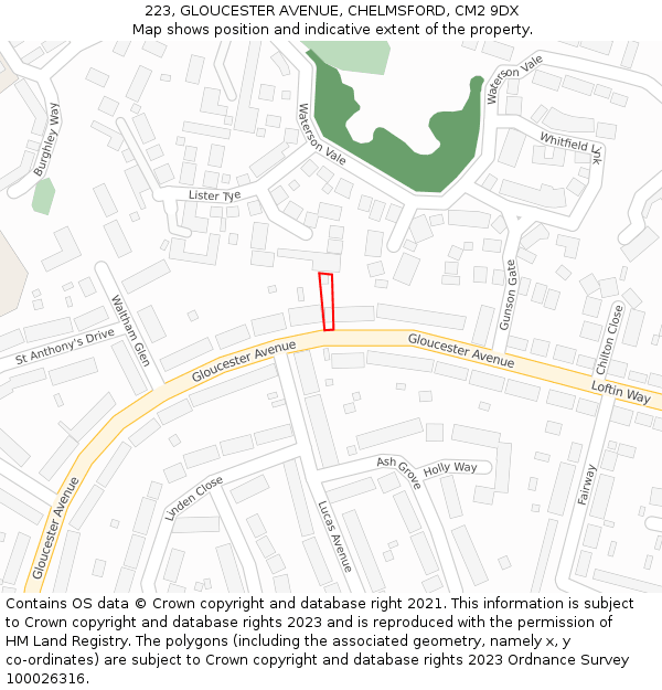 223, GLOUCESTER AVENUE, CHELMSFORD, CM2 9DX: Location map and indicative extent of plot