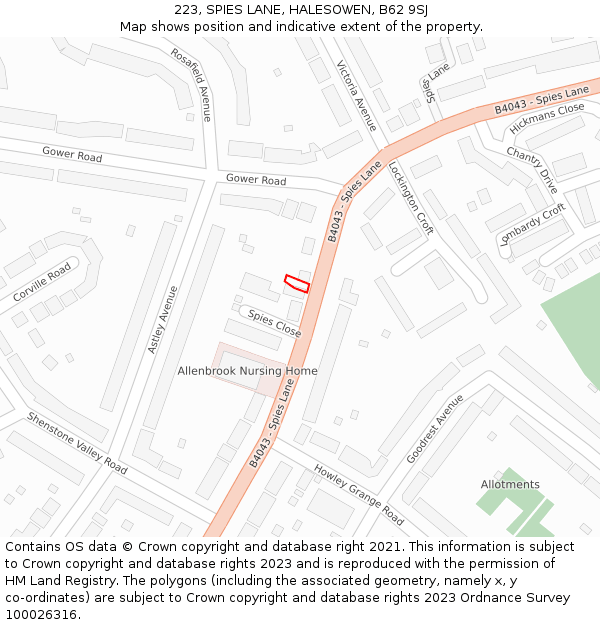 223, SPIES LANE, HALESOWEN, B62 9SJ: Location map and indicative extent of plot