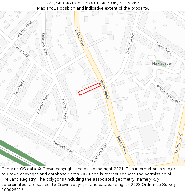 223, SPRING ROAD, SOUTHAMPTON, SO19 2NY: Location map and indicative extent of plot