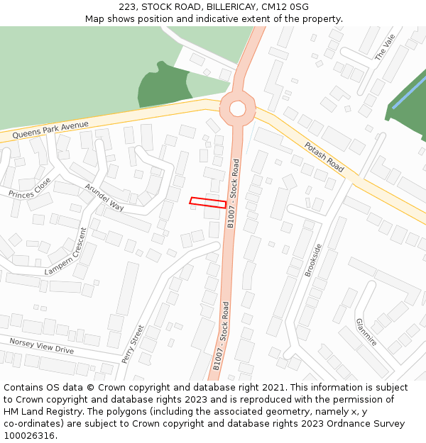 223, STOCK ROAD, BILLERICAY, CM12 0SG: Location map and indicative extent of plot