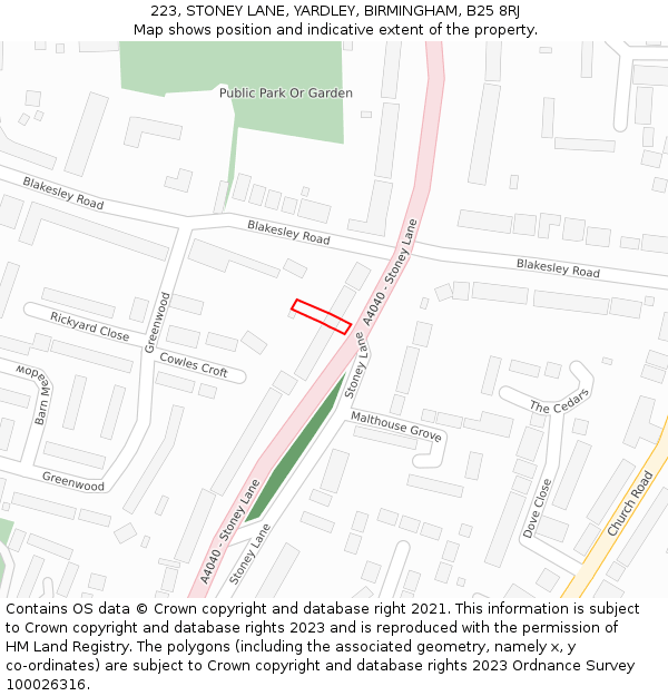 223, STONEY LANE, YARDLEY, BIRMINGHAM, B25 8RJ: Location map and indicative extent of plot