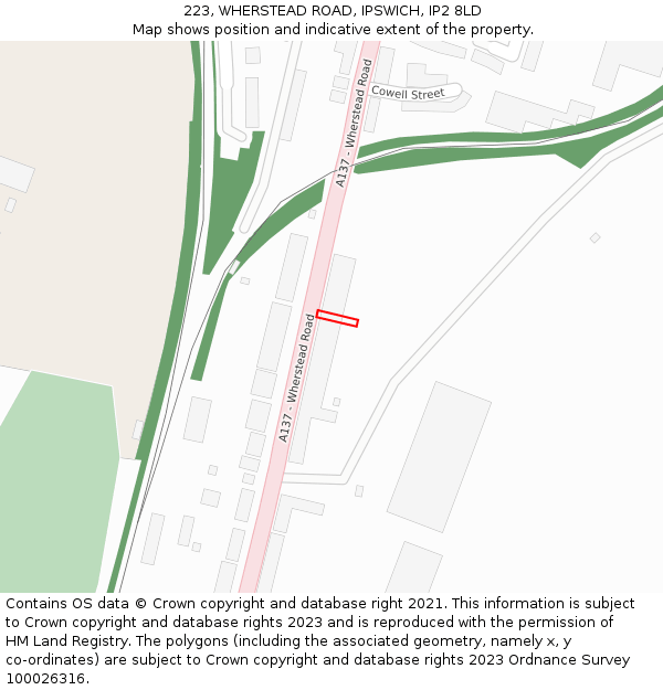 223, WHERSTEAD ROAD, IPSWICH, IP2 8LD: Location map and indicative extent of plot
