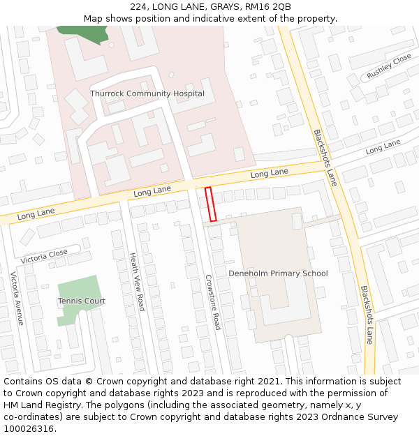 224, LONG LANE, GRAYS, RM16 2QB: Location map and indicative extent of plot