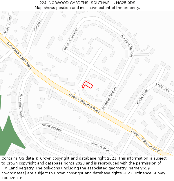 224, NORWOOD GARDENS, SOUTHWELL, NG25 0DS: Location map and indicative extent of plot