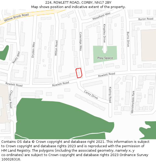 224, ROWLETT ROAD, CORBY, NN17 2BY: Location map and indicative extent of plot