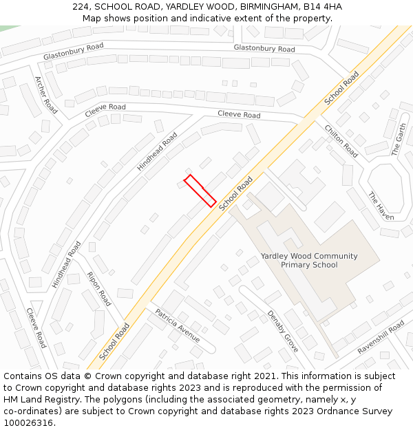 224, SCHOOL ROAD, YARDLEY WOOD, BIRMINGHAM, B14 4HA: Location map and indicative extent of plot