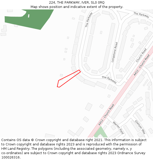 224, THE PARKWAY, IVER, SL0 0RQ: Location map and indicative extent of plot