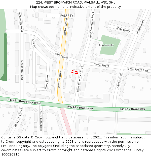 224, WEST BROMWICH ROAD, WALSALL, WS1 3HL: Location map and indicative extent of plot