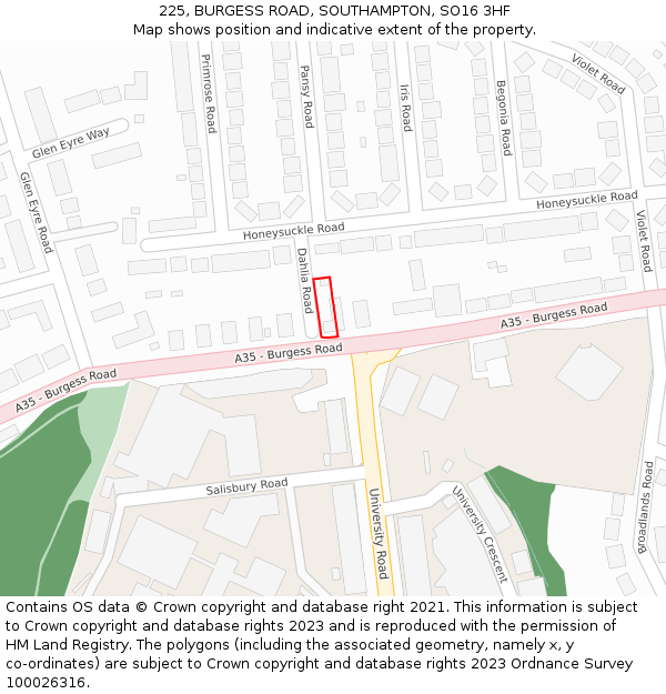 225, BURGESS ROAD, SOUTHAMPTON, SO16 3HF: Location map and indicative extent of plot