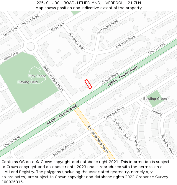 225, CHURCH ROAD, LITHERLAND, LIVERPOOL, L21 7LN: Location map and indicative extent of plot